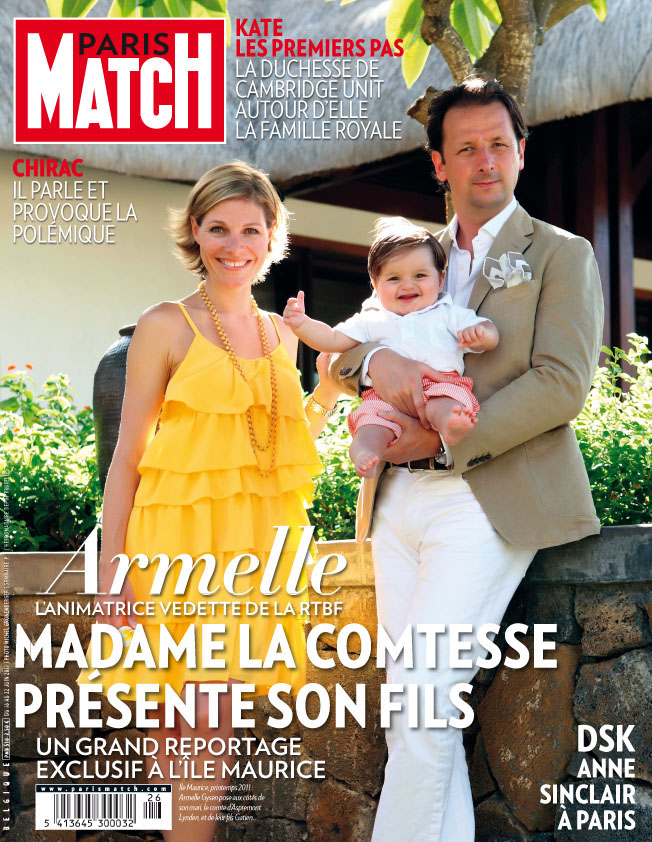 La présentatrice de la RTBF Armelle Gysen mariée au Compte Frédéric d'Aspremont Lynden pose avec leur fils Gatien à l'île Maurice, couverture de Paris MAtch Belgique.