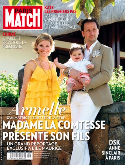 La présentatrice de la RTBF Armelle Gysen mariée au Compte Frédéric d'Aspremont Lynden pose avec leur fils Gatien à l'île Maurice, couverture de Paris MAtch Belgique.
