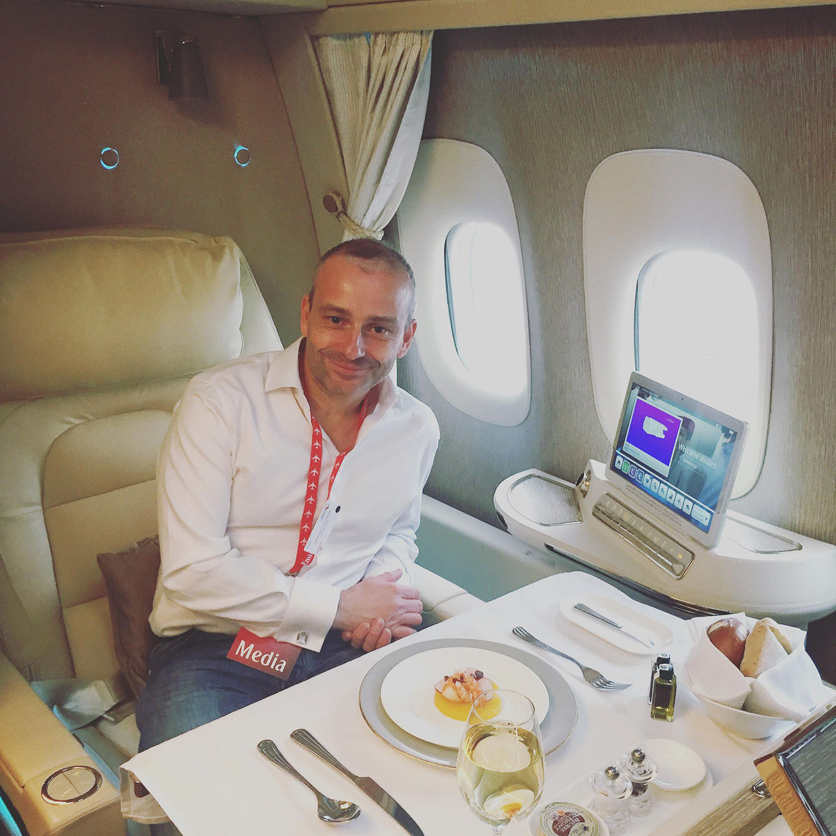 Michel Gronemberger dans la Première Classe d'un Boeing 777-300 d'Emirates