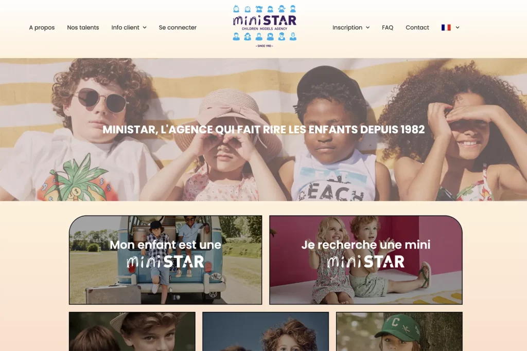 Capture d'écran du site Ministar, agence pour mannequins enfants à Bruxelles.