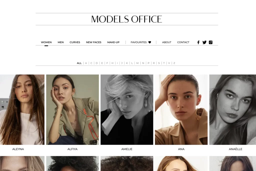 Interface du site de l'agence de mannequins Models Office Bruxelles.