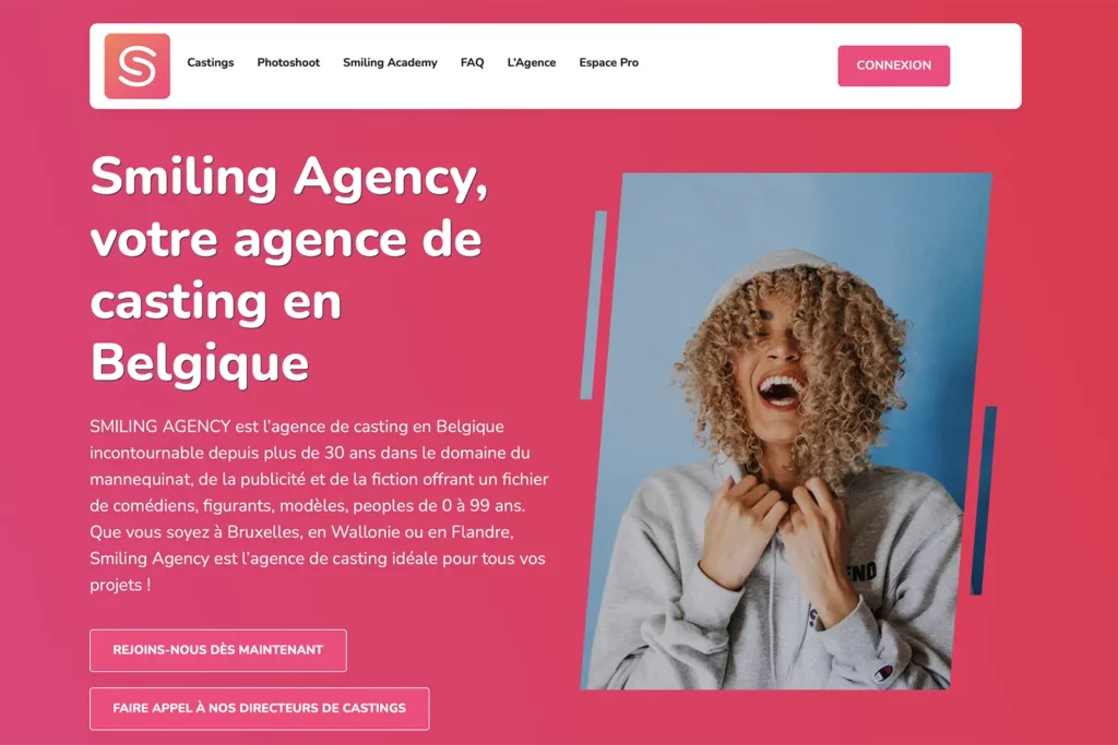 Site officiel de l'agence Smiling pour comédiens et mannequins à Bruxelles.