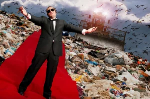 Portrait décalé de François Damiens en smoking sur un tapis rouge dans un décor industriel atypique.