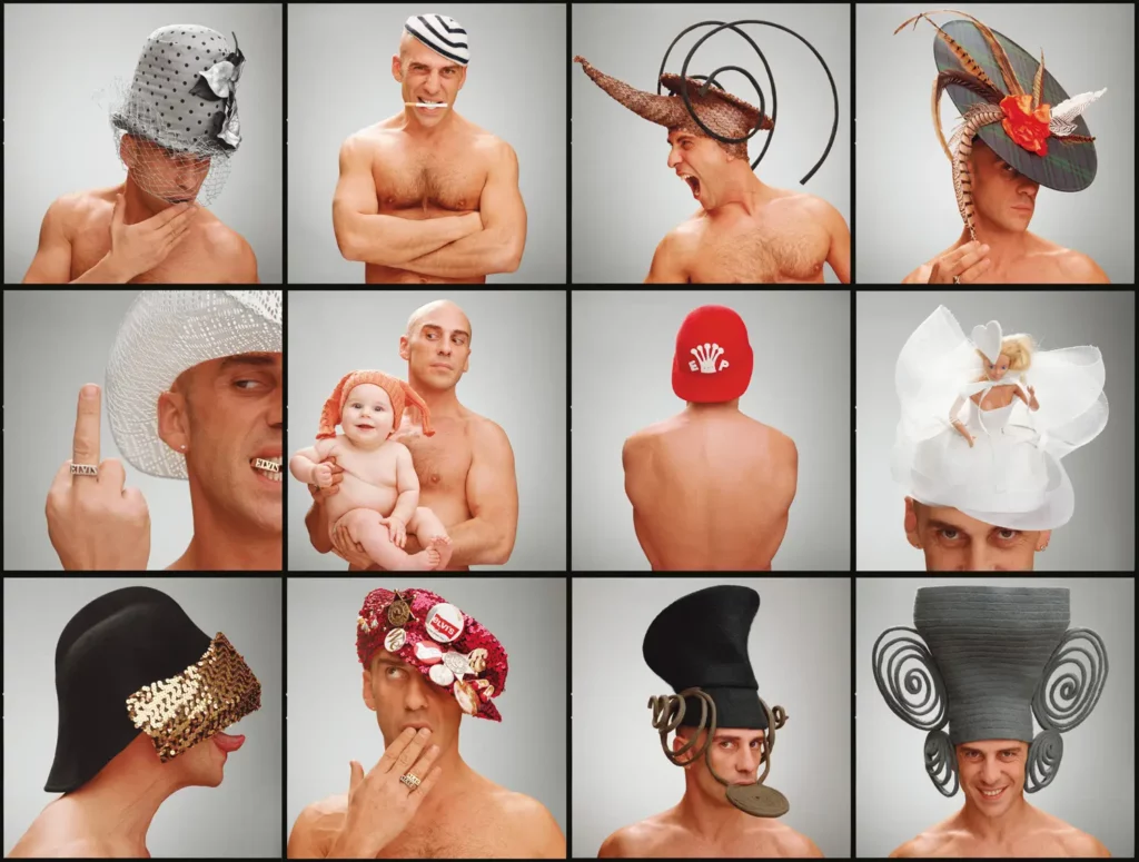 Montage de 12 portraits carrés d'Elvis Pompilio avec différentes créations de chapeaux, photographie noir et blanc/couleur par Michel Gronemberger.