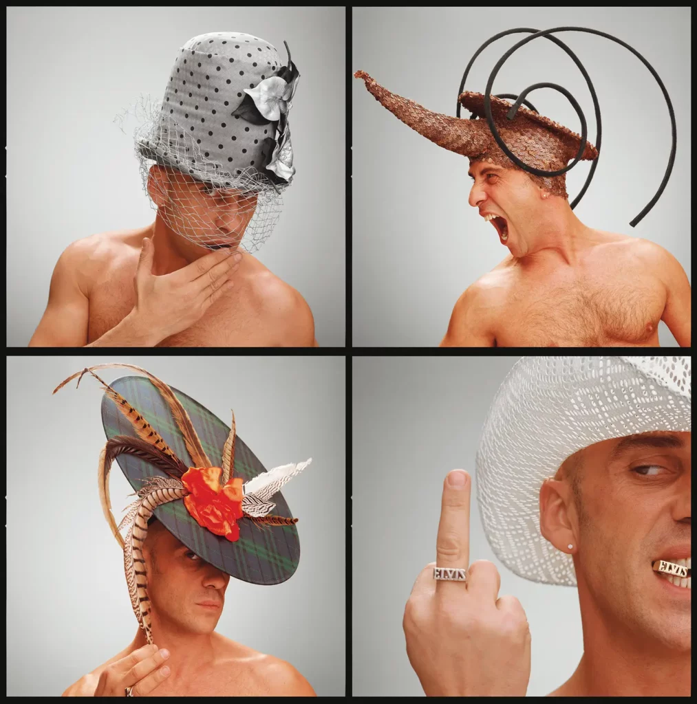 Série de 4 photographies d'Elvis Pompilio portant des bibis et chapeaux de prestige, photographe Michel Gronemberger Bruxelles.