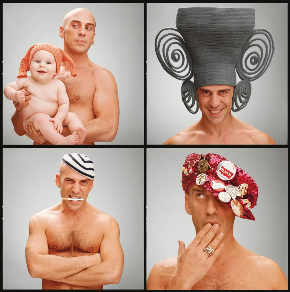 Portraits intimes d'Elvis Pompilio, montage de 4 photos dont le portrait au bonnet orange par Michel Gronemberger.