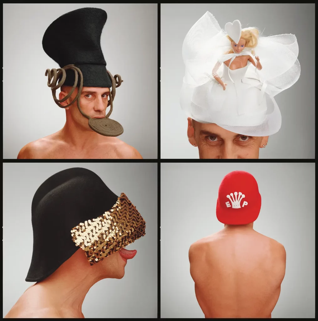 Composition de 4 portraits carrés d'Elvis Pompilio, créations de chapeaux loufoques et artistiques par Michel Gronemberger.