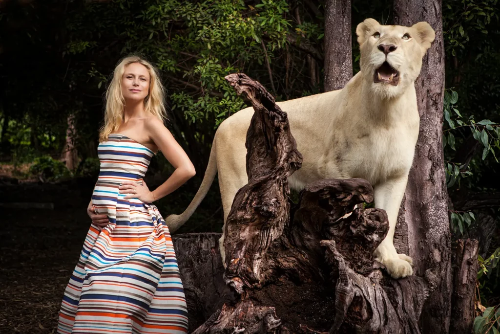 Julie Taton enceinte en robe Natan Couture posant à côté d'une lionne sur une souche de bois au parc Casela à l'île Maurice.