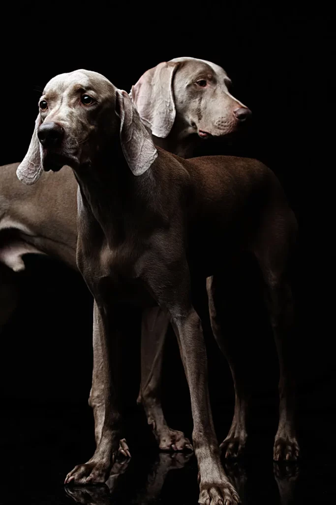 Studio photo pour chien : musculature et silhouette d'un Braque de Weimar.