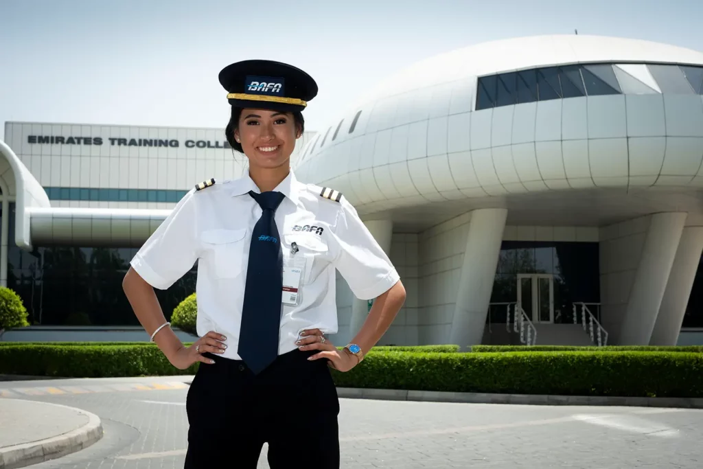 Angéline Flor Pua en tenue de pilote devant l'Emirates Training College à Dubaï.
