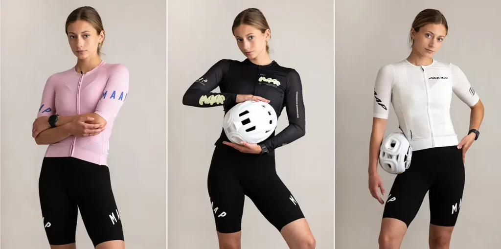 Photographe de studio à Bruxelles réalisant un triptyque de mode avec différentes tenues de cyclisme Maap