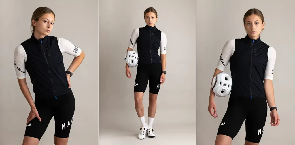 Photographe de studio à Bruxelles réalisant un triptyque photo de mode cycliste avec une tenue Maap et un casque POC