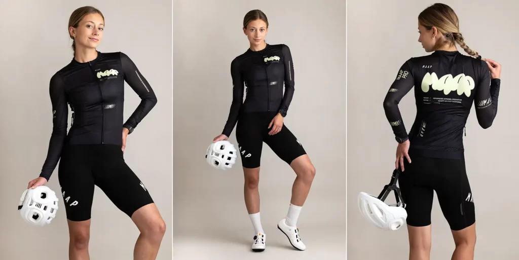 Photographe de studio à Bruxelles réalisant un triptyque photo de mode cycliste avec une tenue Maap et le logo advanced apparel program
